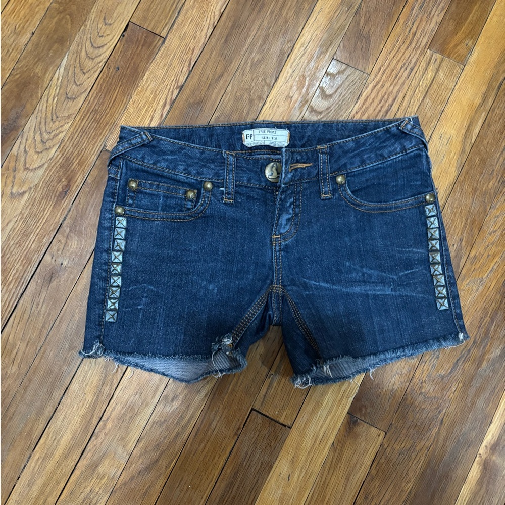 Free People Blue Jean Shorts with Frayed Hem and Distressed Look